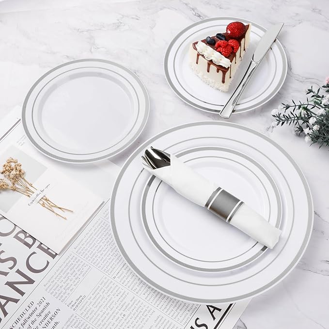 BESTVIP 350PCS Silver Plastic Dinnerware Set, Disposable Party Plates - Image 3