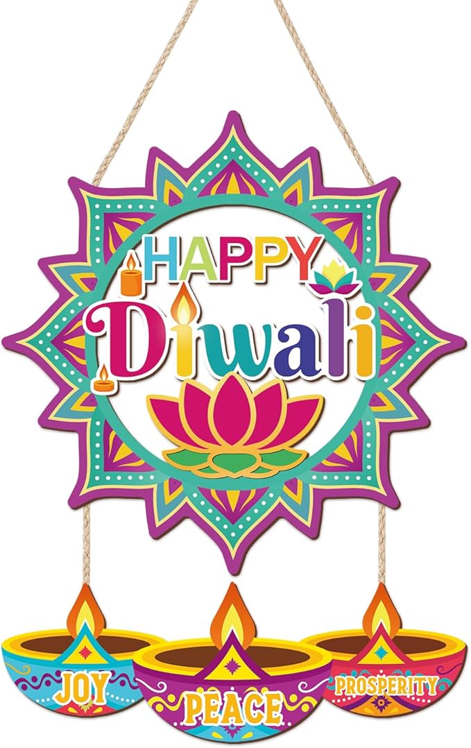 CHDITB Happy Diwali Front Door Sign Wreath, Wooden Lotus Rangoli Diyas Indian by CHDITB