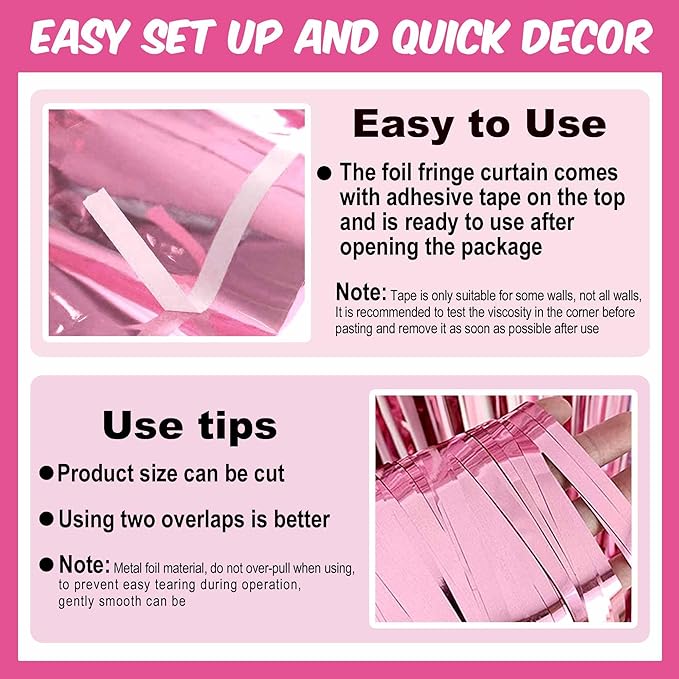 6 Pack Pink Foil Fringe Curtains Backdrop, 3.28 x 8.2 Ft Metallic Streamers - Image 3