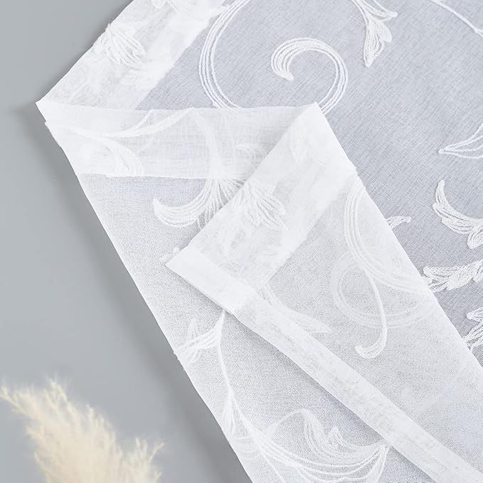 Sheer Curtains White 63 Inch Embroidered Floral, Rod Pocket Voile Drapes - Image 6