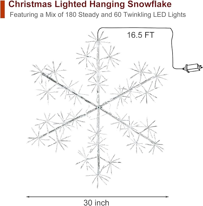 30’’ Christmas Snowflake Lights Outdoor, Pre-lit 240Pcs Cool White LEDs Hanging - Image 4