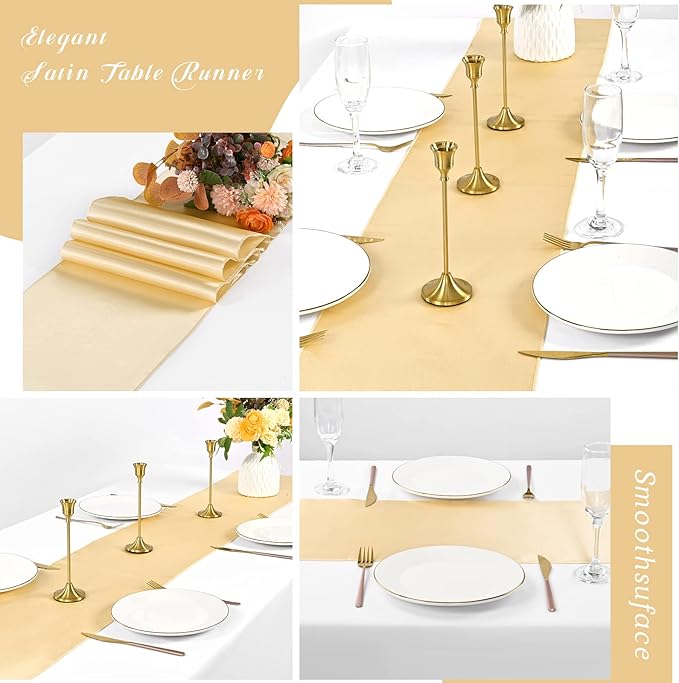 12 Pack Champagne Gold Satin Table Runner, 12 x 108 inch Long Premium Smooth - Image 6
