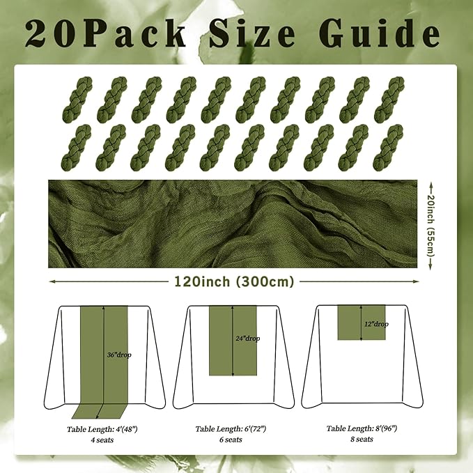 20 Pack Olive Green 10FT Cheesecloth Table Runner Rustic Gauze Cheese Cloth - Image 2