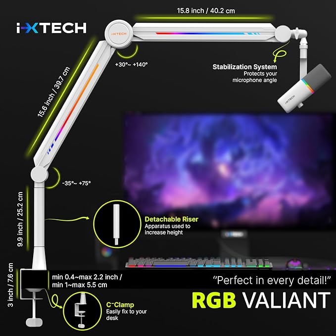 IXTECH RGB Mic Boom Arm High Profile, Overhead Boom Arm Microphone Stand Desk - Image 8