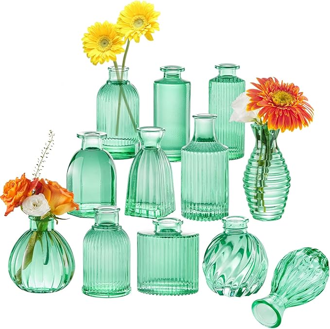 Green Vase, Bud Vases Set of 12, Small Green Glass Vases by PHUNTTEK