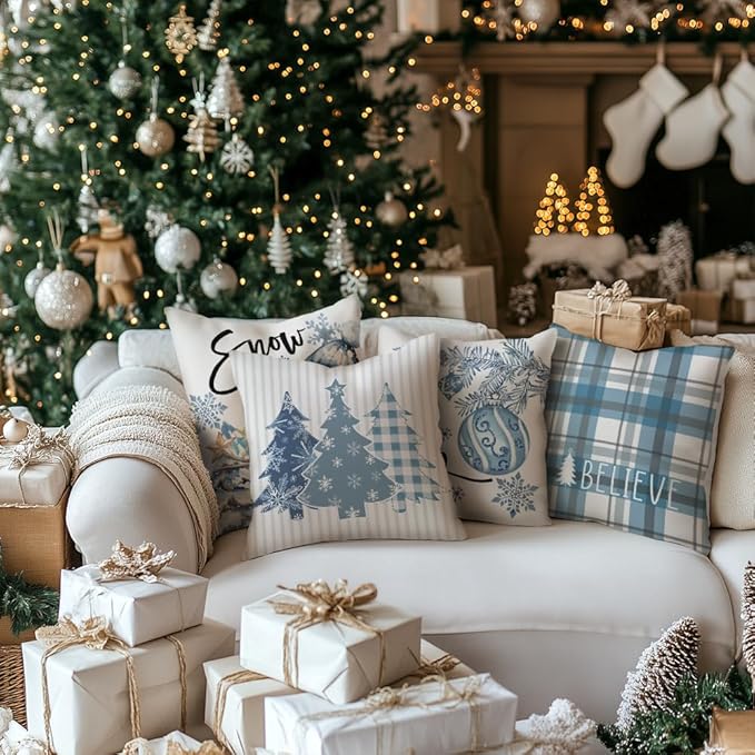 GEEORY Winter Christmas Throw Pillow Covers 16 x 16 Inch Set of 4, Xmas Trees - Image 3