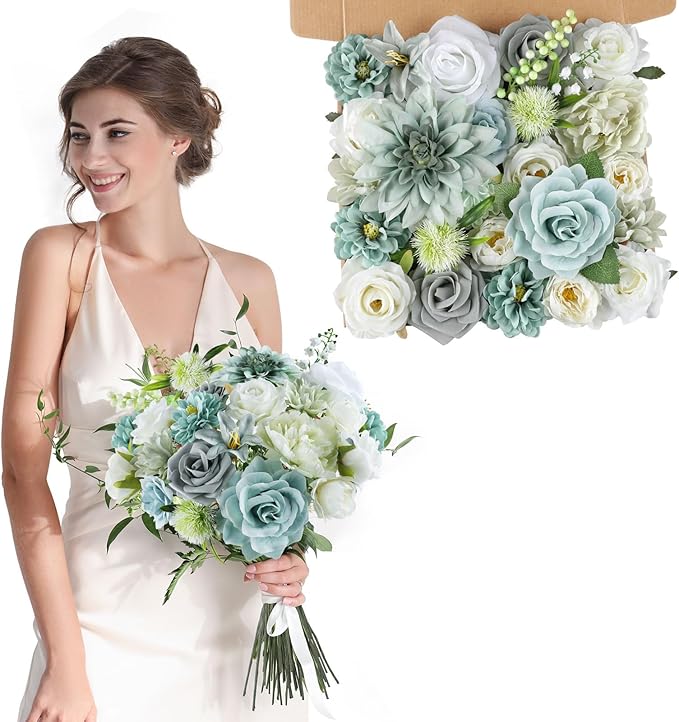 AmyHomie Teal Blue Artificial Flowers Combo Silk Mix Peony Rose Fake Flowers - Image 8