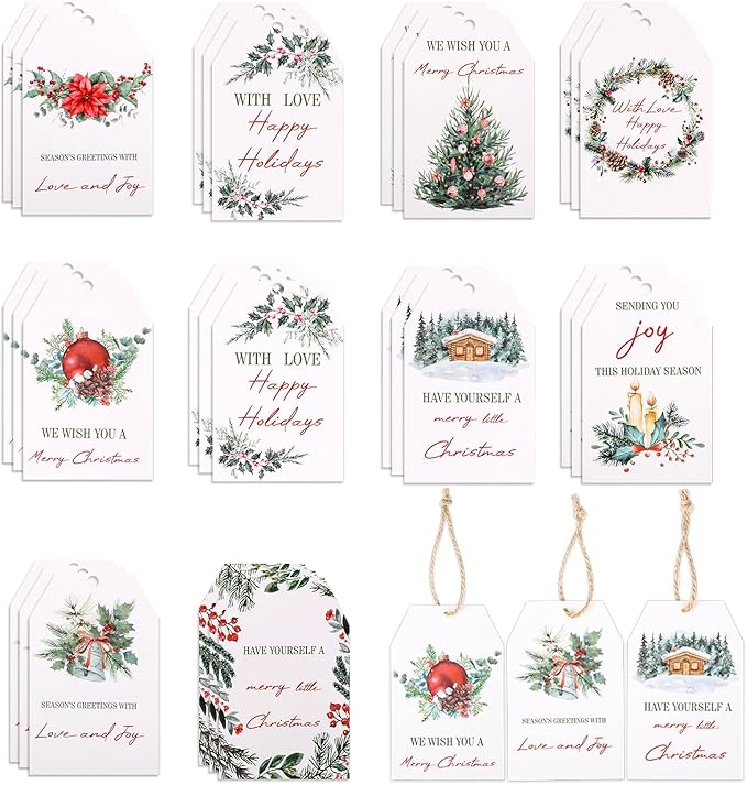 100PCS Christmas Gift Tags 10 Styles Watercolor Christmas Tree Pinecone Tags by woric