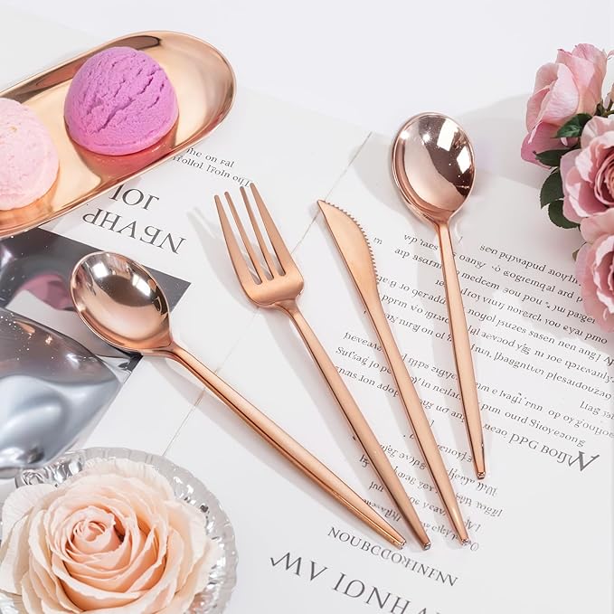 PULOTE 150PCS Rose Gold Plastic Silverware Set - Image 5