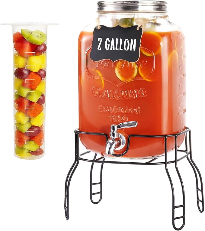 2 Gallon Glass Drink Dispenser for Parties, Beverage Dispenser by JILLSKY