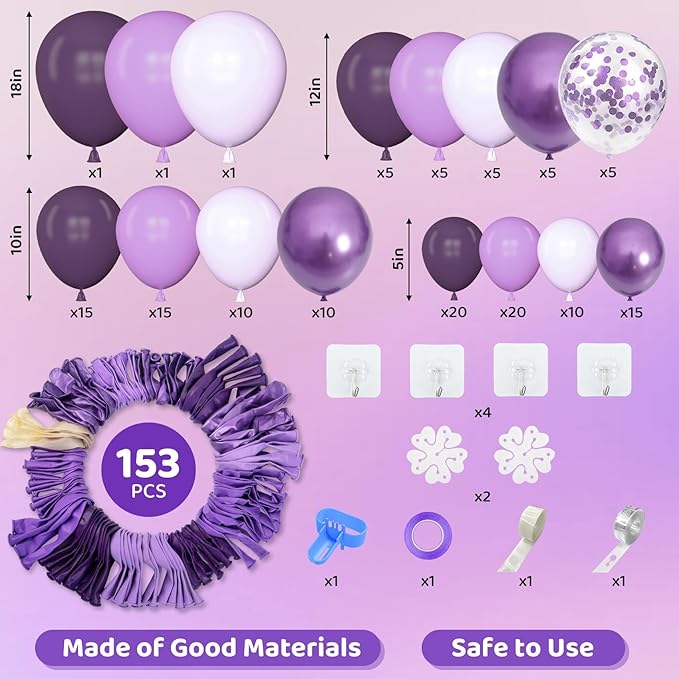 Amandir 153pcs Purple Balloon Garland Arch Kit, Different Sizes 18 12 10 5 inch - Image 2