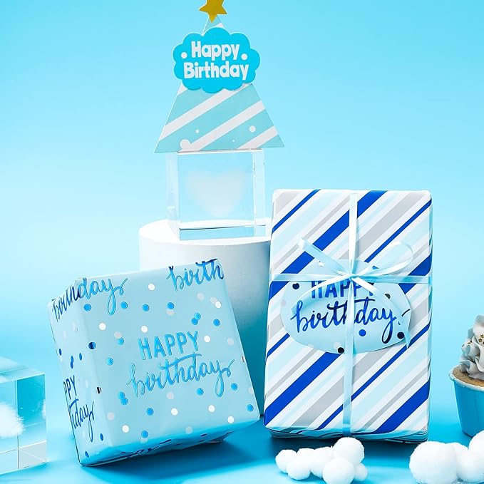 LeZakaa Reversible Blue Birthday Wrapping Paper Roll - Image 3