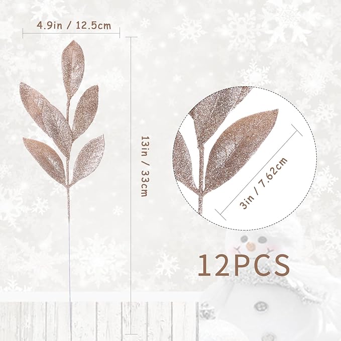 GREENTIME 12 Pack Artificial Champ Glitter Leaves 13" Fake Christmas Picks - Image 3