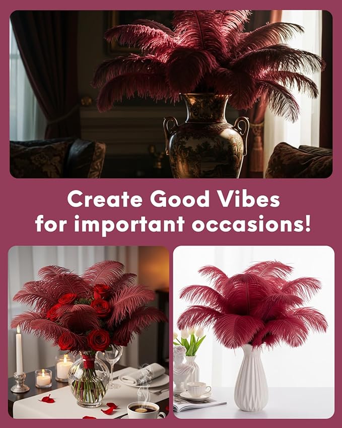 NEWONG 30pcs Wine red Ostrich Feathers Natural Bulk 11-14inch Vase Craft - Image 3
