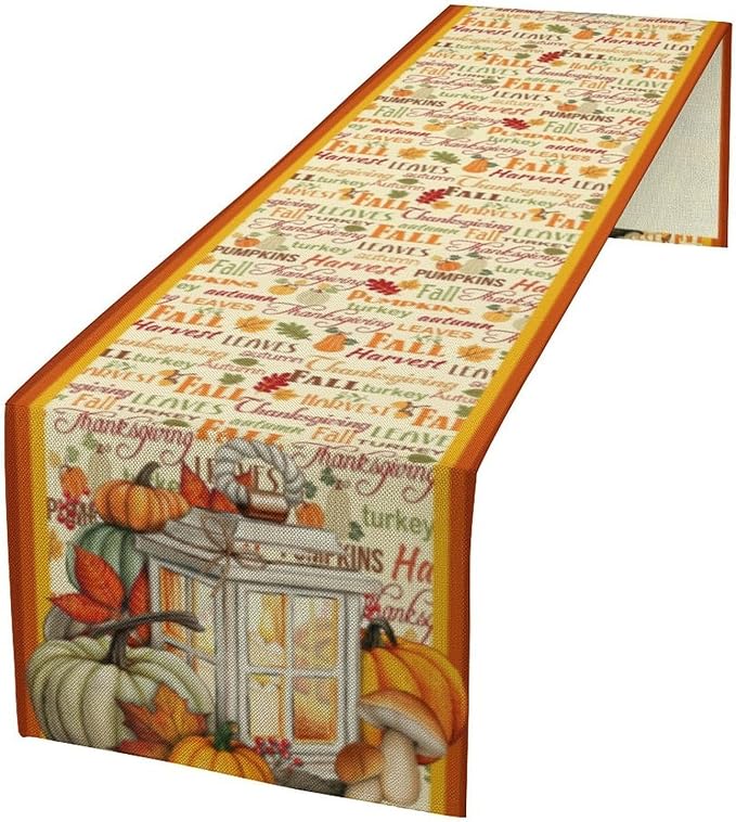 Autumn Table Runner, Farmhouse Leaves Pumpkin Thanksgiving Table Cloth by Unknown