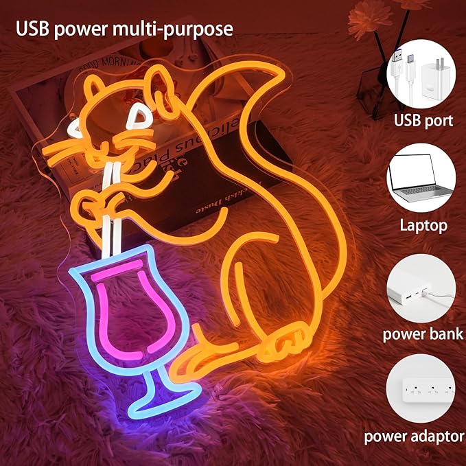 Squirrel Cocktail Neon Sign for Wall Decor, USB Powered Animal Cocktail Bar Led - Image 3