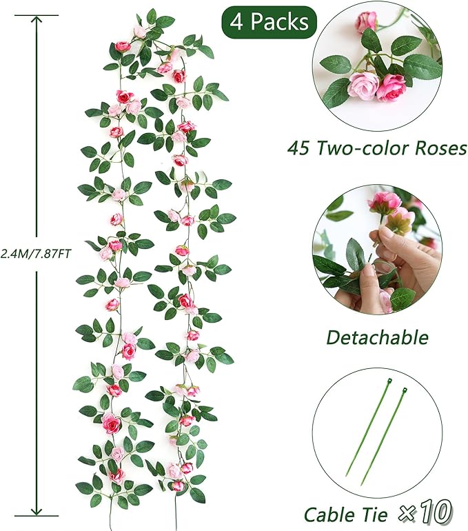 4 Packs Artificial Rose Garland: 31.48Ft Each Fake Flower Vine - Image 2