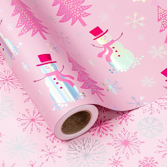 LeZakaa Christmas Pink Wrapping Paper Mini Roll, Snowman Christmas Tree & by LeZakaa