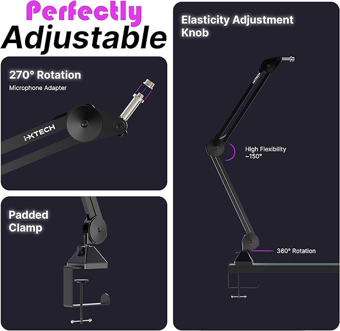 IXTECH Microphone Boom Arm Stand, Heavy Duty Adjustable Mic Stand - Image 8