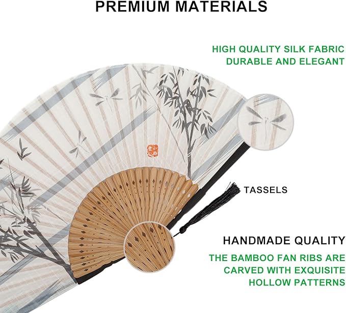 Amajiji 8.27" Hand Held Bamboo Silk Folding Fan Hand Fan, Chinese/Japanese - Image 4