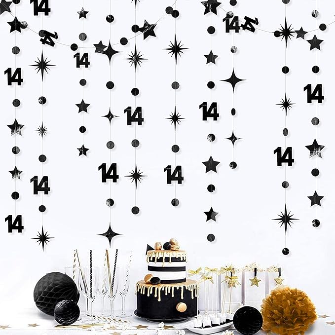 Black 14th Birthday Decorations Number 14 Circle Dot Star Garland Metallic by pinkblume