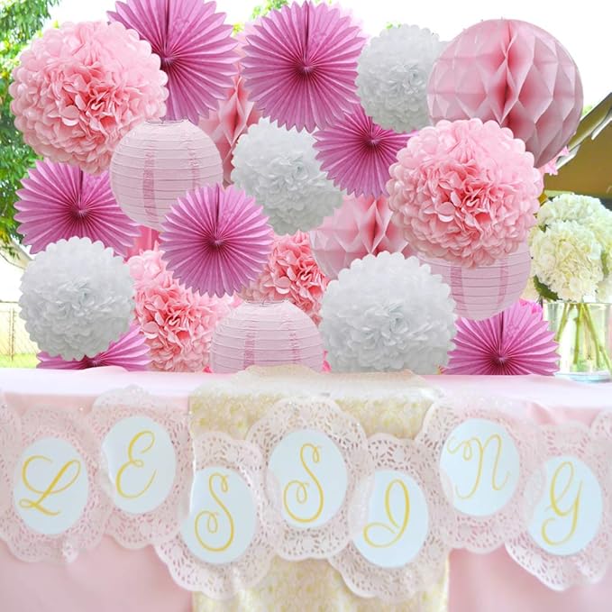 16pcs Pink Party Decorations Paper Pom Poms Honeycomb Balls Lanterns Tissue Fans - Image 6