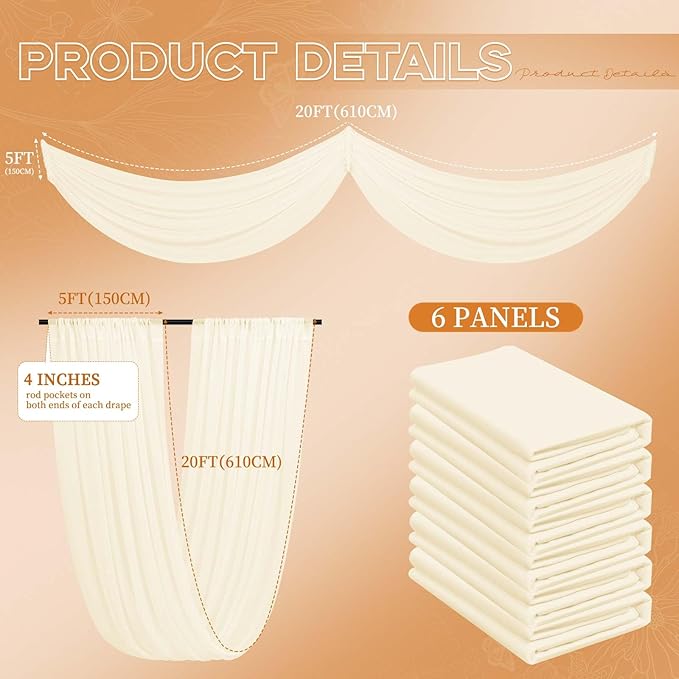 6 Panels Ivory Ceiling Drapes, 5ftx20ft Ceiling-Drapes Wedding Arch Draping - Image 2