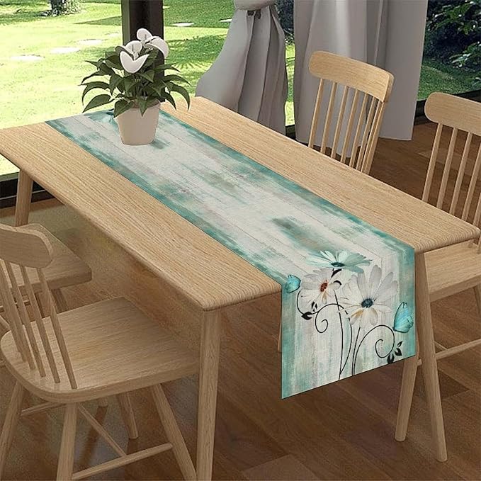 Daisy Floral Table Runner, Farmhouse Spring Seasonal Summer Teal Green White - Image 3