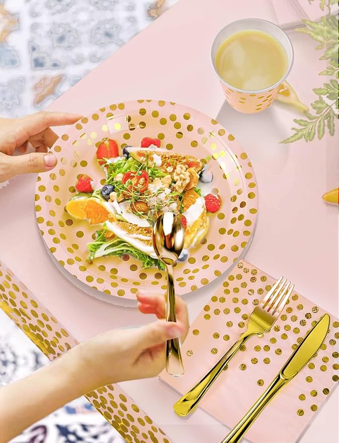 141 Pieces Pink Gold Party Supplies, Party Dinnerware Sets Include Paper Plates - Image 4