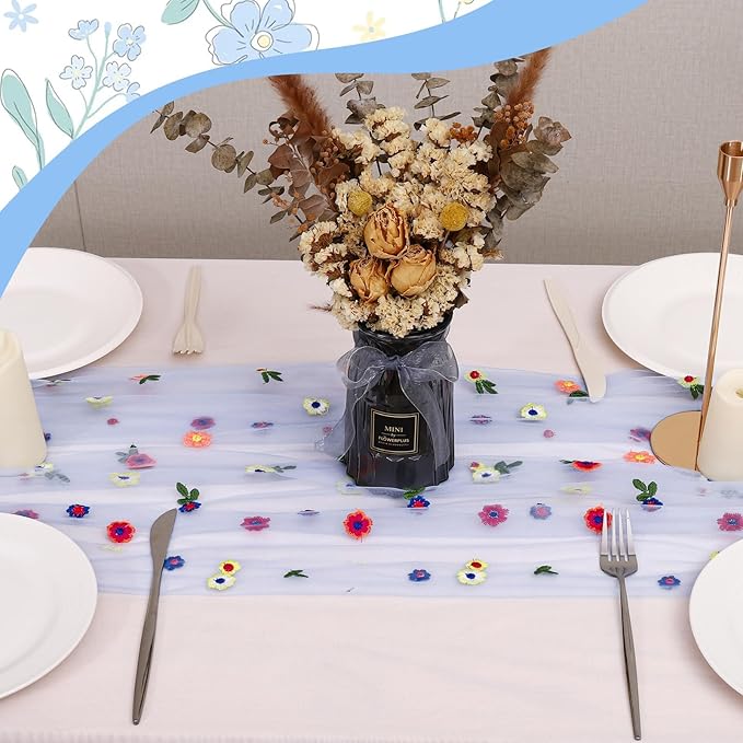 3PCS Blue Floral Table Runner 10 FT, Embroidery Daisy Table Runners Seasonal - Image 3