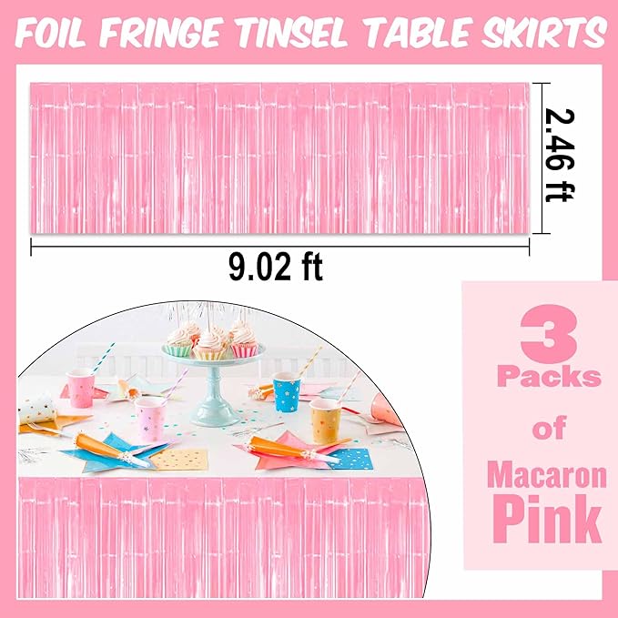 3 Pack 29 x108 Inch Macaron Pink Foil Fringe Table Skirts Metallic Banner - Image 3