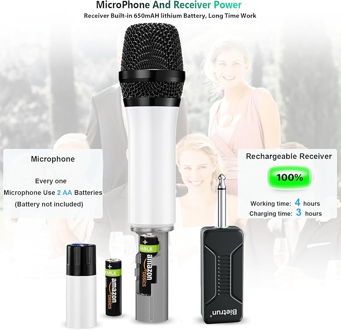 Wireless Microphone, Bietrun UHF Metal Dual Handheld Cordless Dynamic Mic System - Image 5