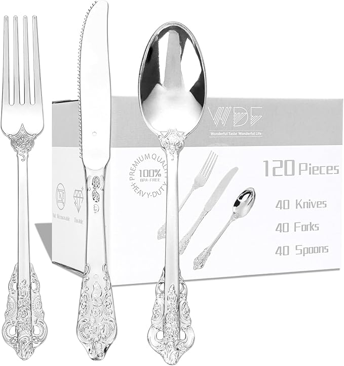 WDF 120PCS Silver Plastic Silverware by WDF
