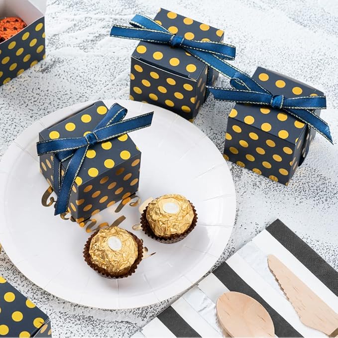 Navy Blue Gift Candy Box with Gold Dots Bulk 2x2x2 inches with Ribbon Party - Image 3