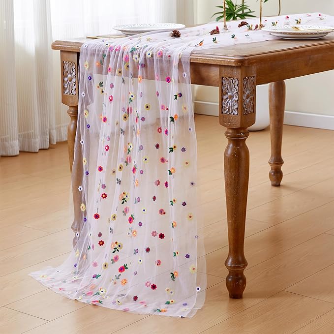 JIALE Pink Floral Table Runner, Embroidery Daisy Seasonal Table Decorations - Image 5