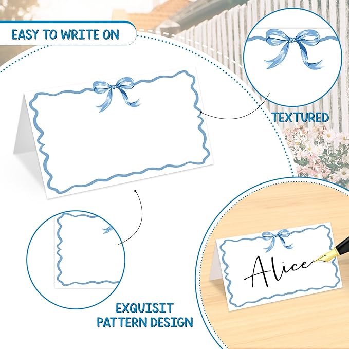25 Pcs Blue Bow Place Cards, Blank Tent Name Cards - Image 3