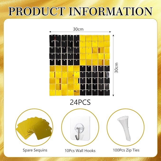 24PCS Black Gold Shimmer Wall Backdrop, Square Sequin Photo Backdrops Panel - Image 2