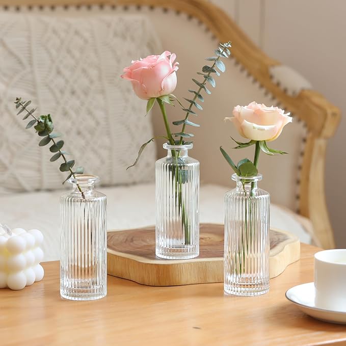ComSaf Glass Bud Vases Set of 3, Small Flower Vases in Bulk, Mini Ribbed Vases - Image 6
