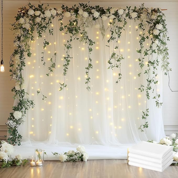 Tulle Backdrop Curtain with Lights String 20 X 8FT Ivory Sheer Tulle Backdrop by Xiomot