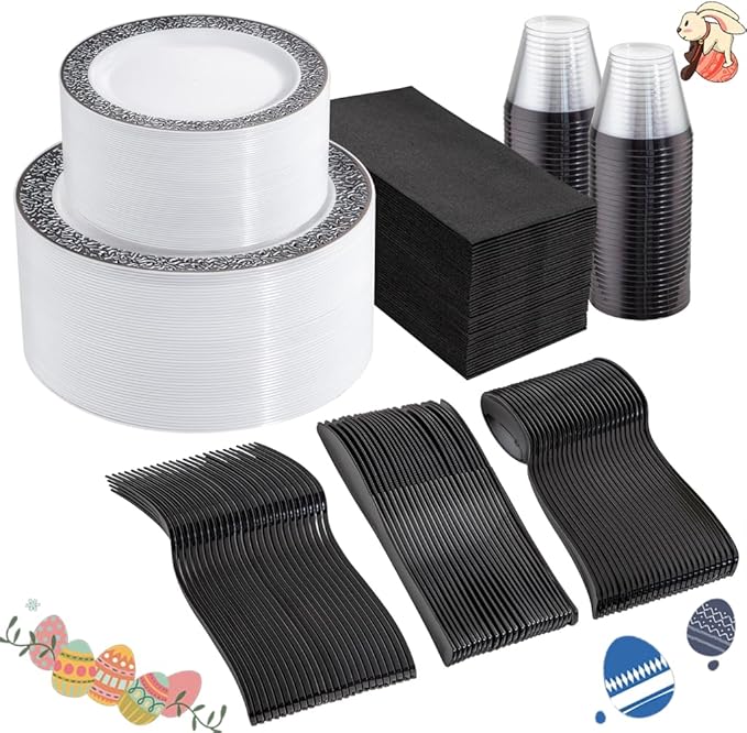 WELLIFE 350Pcs Black Plastic Dinnerware and Napkins Party Supplies Include:50 - Image 8