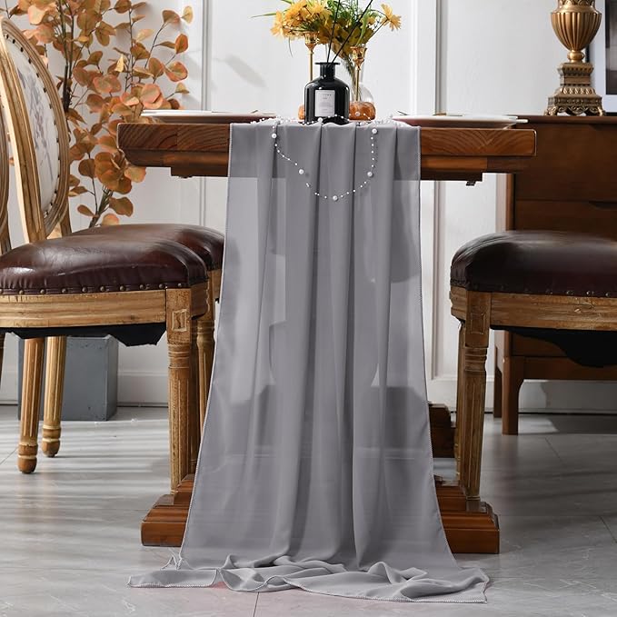 2 Pack 10 Ft Chiffon Table Runner Grey Gauze Long Table Runners 27x120 Inches - Image 2