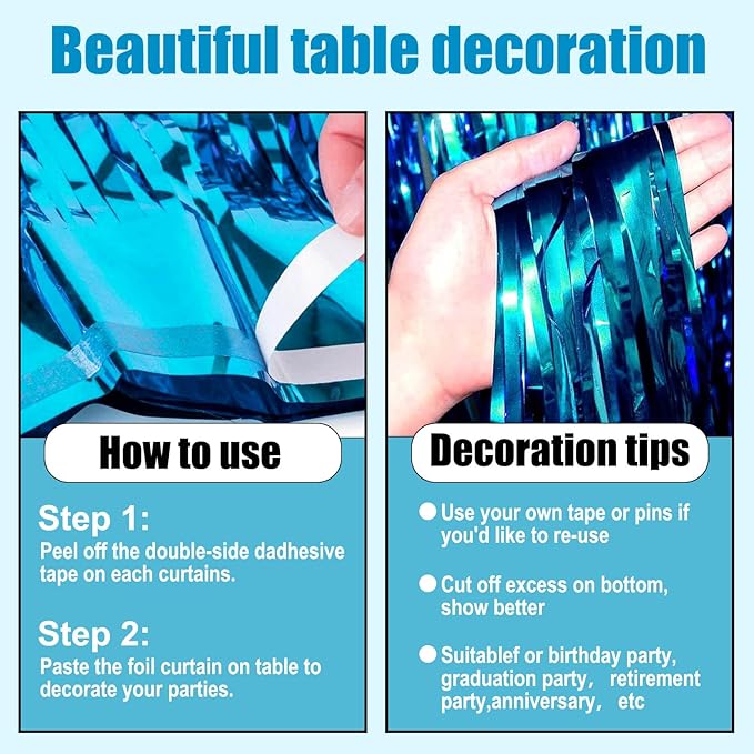 3 Pack 29 x108 Inch Lake Blue Foil Fringe Table Skirts Metallic Banner - Image 3