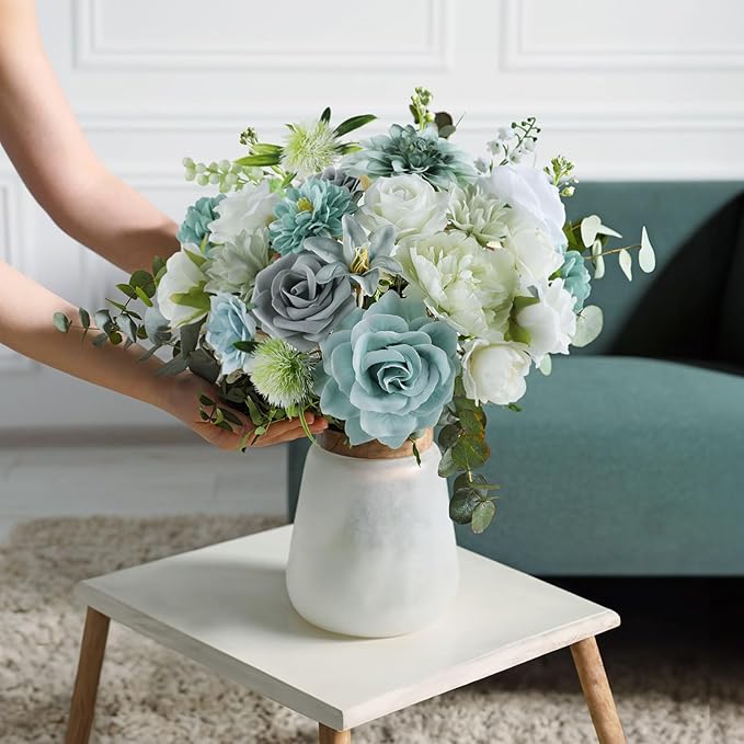 AmyHomie Teal Blue Artificial Flowers Combo Silk Mix Peony Rose Fake Flowers - Image 3