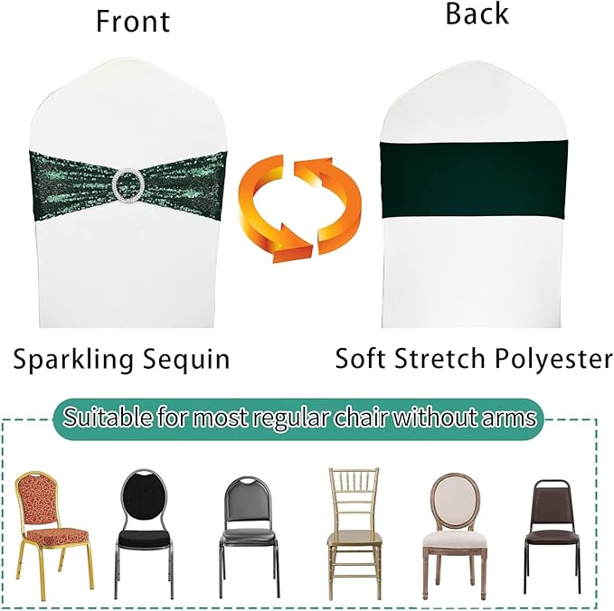 100 Pcs Chair Sashes Sequin Stretch Chair Bands Dark Green Spandex Polyester - Image 3