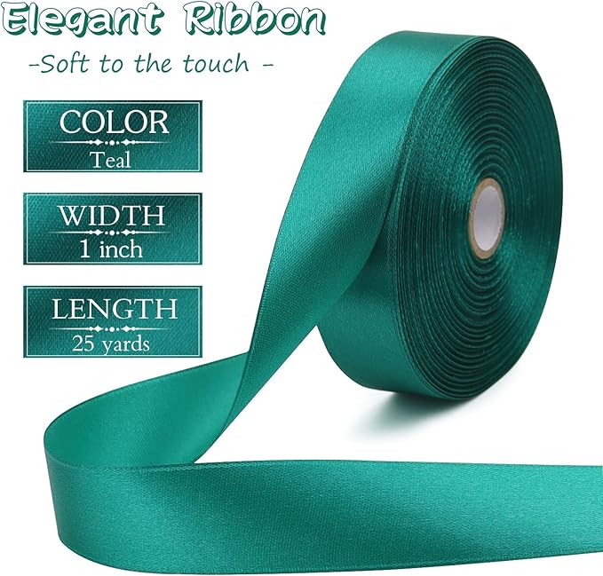 Teal Solid Satin Ribbon 1 Inch 50 Yards Solid Polyester Fabric Ribbon - Image 2
