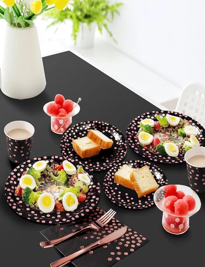 141 Pieces Black and Rose Gold Party Supplies, Party Dinnerware Sets Include - Image 4