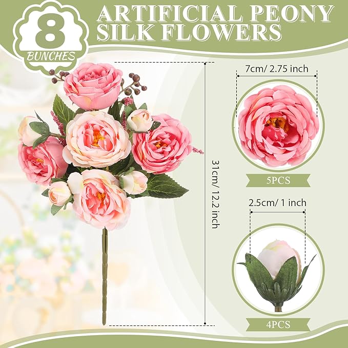 8 Bundles Artificial Peonies Flowers Boho Faux Flowers Arrangements Artificial - Image 2
