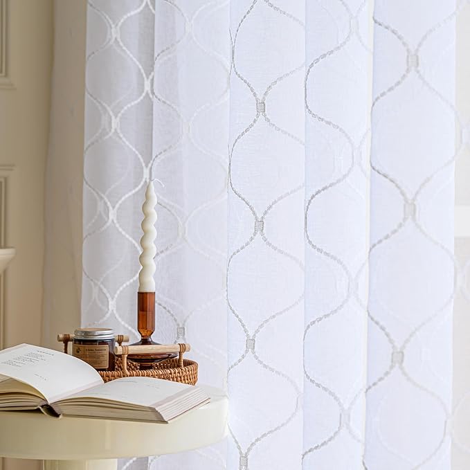 Sheer Curtains White 63 Inches Embroidered Wave Diamond, Rod Pocket Voile Drapes - Image 3