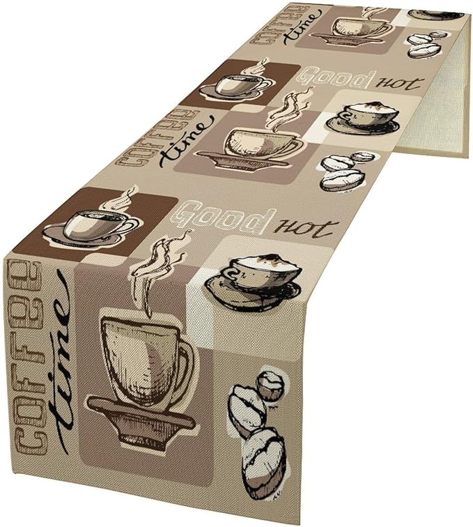 Coffee Table Runner, Vintage Style Coffee Cup Bean Abstract Theme Pattern Print by Kurtect