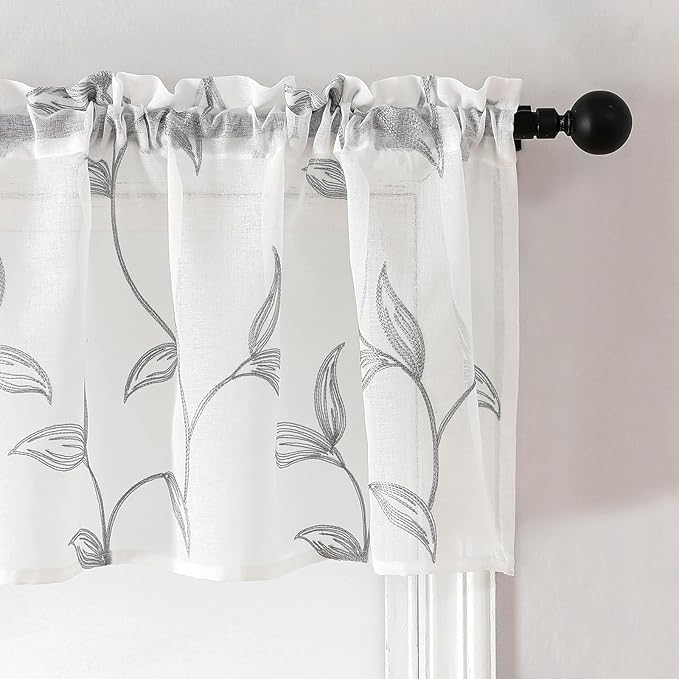 VISIONTEX Sheer Voile Curtain Valances, Decorative Leaves Embroidered, Rod - Image 2